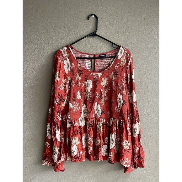 torrid Tops - Torrid 2 Floral Smocked Top Peasant Burnt Orange Bell Sleeve Boho Stretch